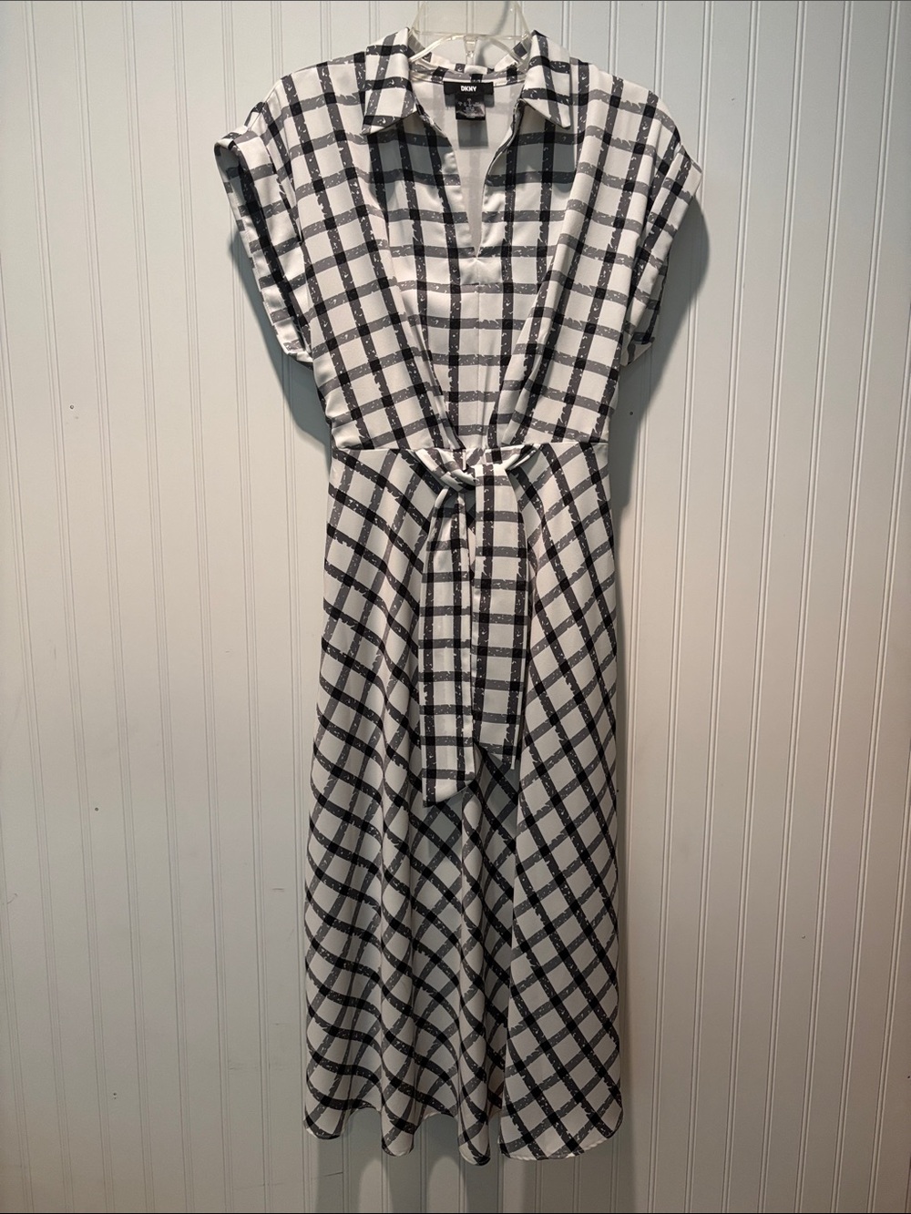 DKNY Black and White Plaid Midi Tie-Waist Dress Size 2
